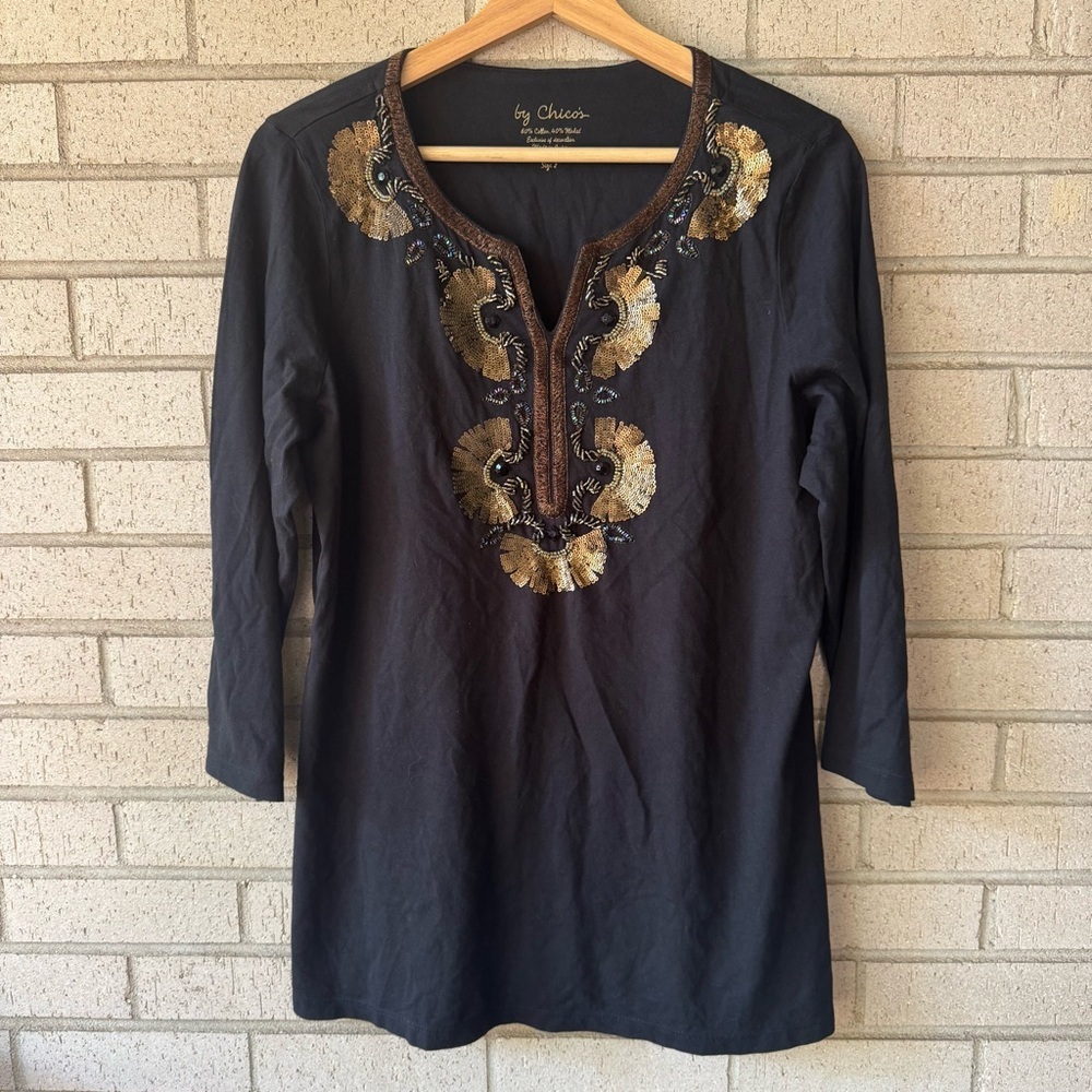 Chico’s Black Beaded Tunic Top – 3/4 Sleeve Metallic Accent Blouse (Size 2 / L)